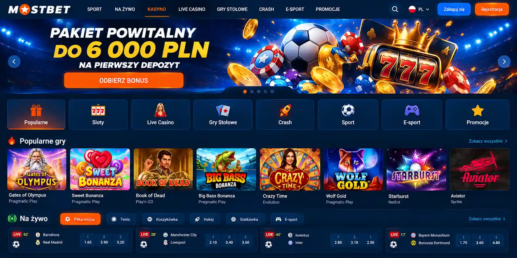 Strona główna Mostbet w polskim interfejsie – widok desktop