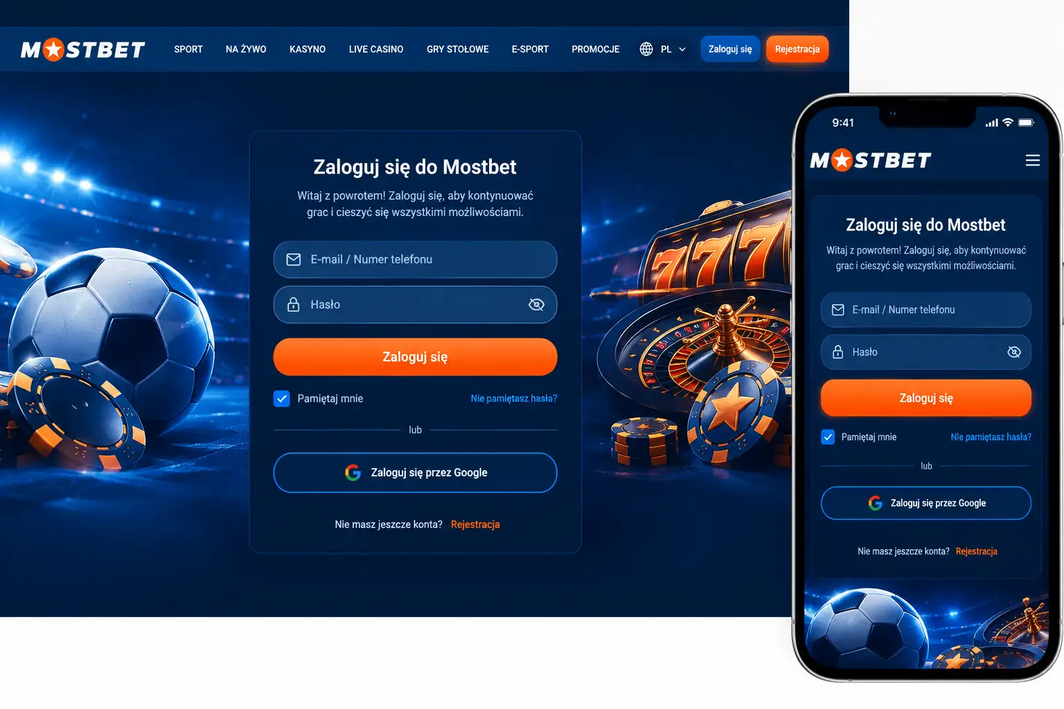 Ekran logowania Mostbet – formularz na stronie głównej