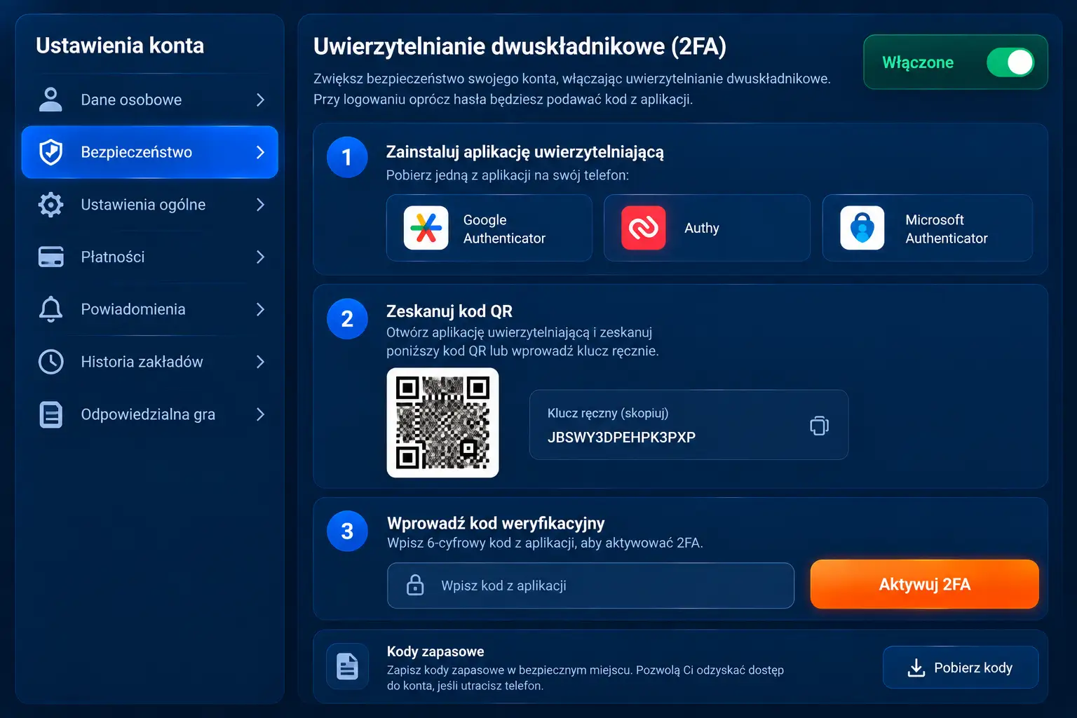 Ustawienia bezpieczeństwa konta Mostbet – sekcja 2FA