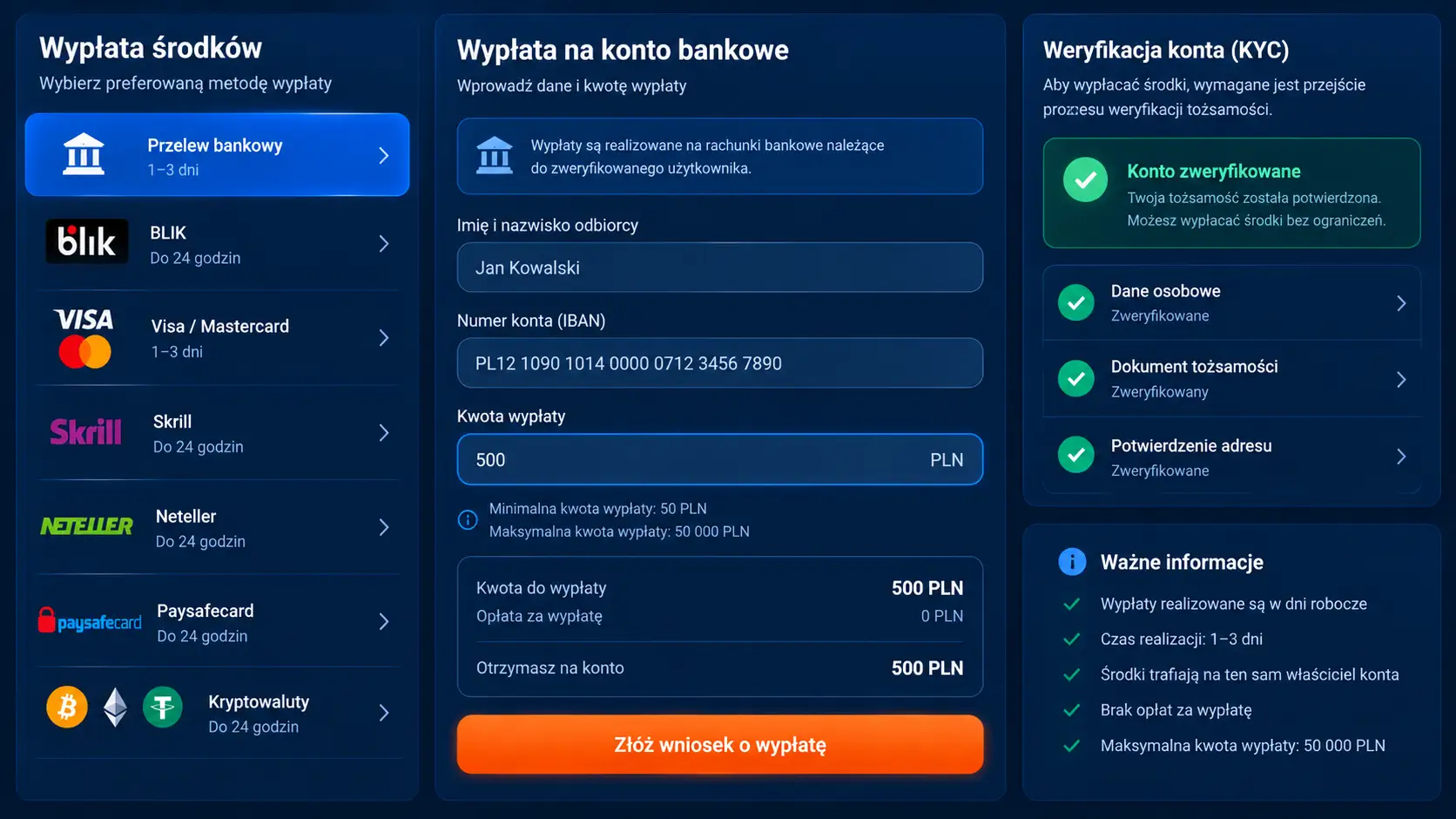 Formularz wypłaty Mostbet z statusem weryfikacji KYC